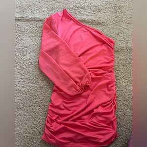 Pink One Shoulder Puff Sleeve Ruched Dress